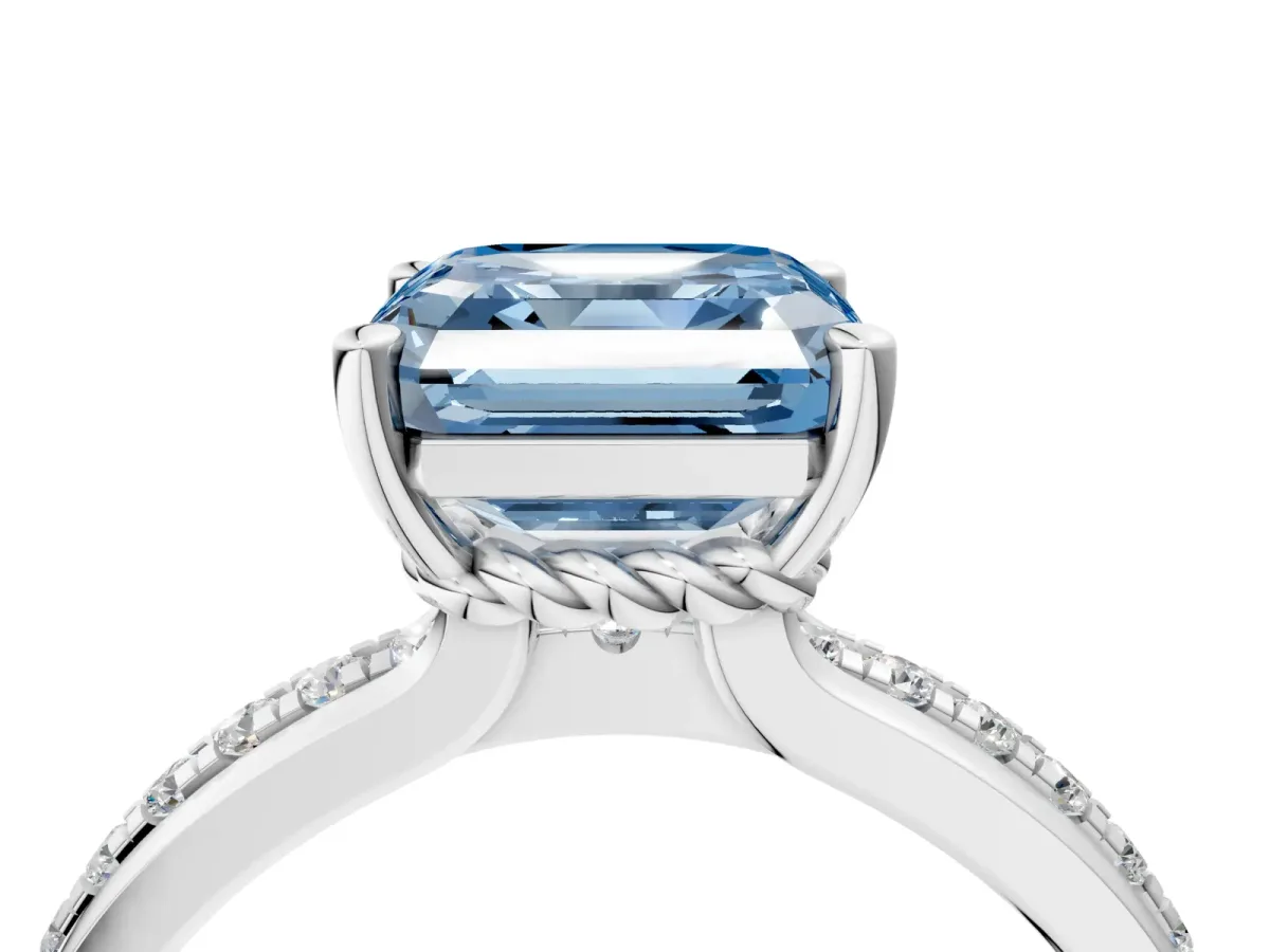 Fancy Blue Asscher Cut Solitaire Diamond Ring with Channel Set Band and Six-Prong Setting Platinum