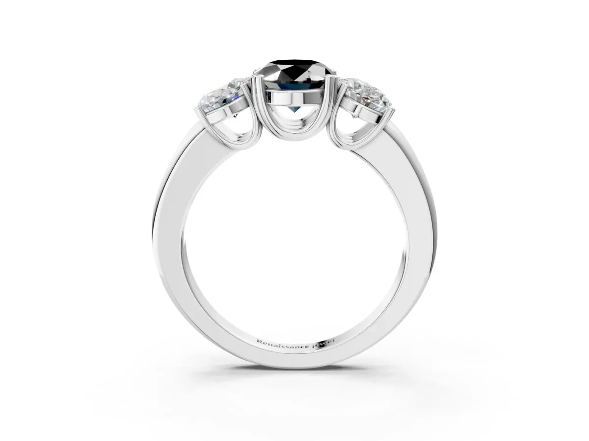 Fancy Black Three-Stone Oval Cut Cut Diamond Ring with Channel Set Band and Four-Prong Setting Silver