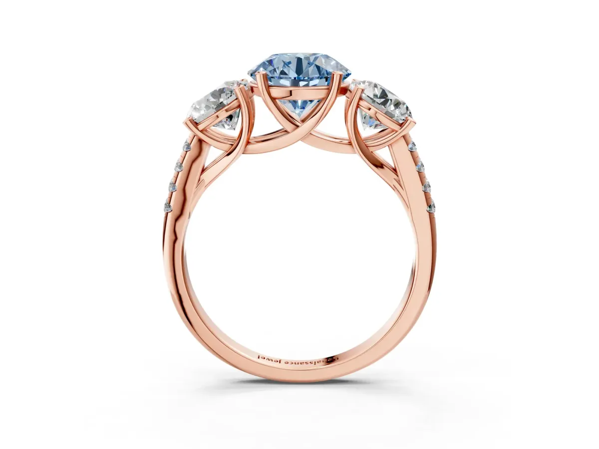 Fancy Blue Three-Stone Round Cut Diamond Ring with Round Pavé Band and Prong Setting Rose gold