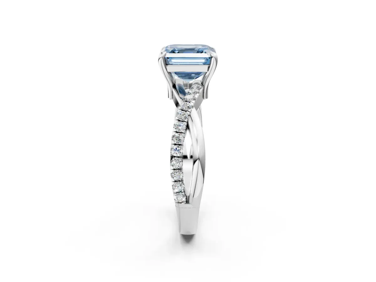 Fancy Blue Asscher Cut Cut Twist Band Solitaire Diamond Ring with Pavé Setting Platinum