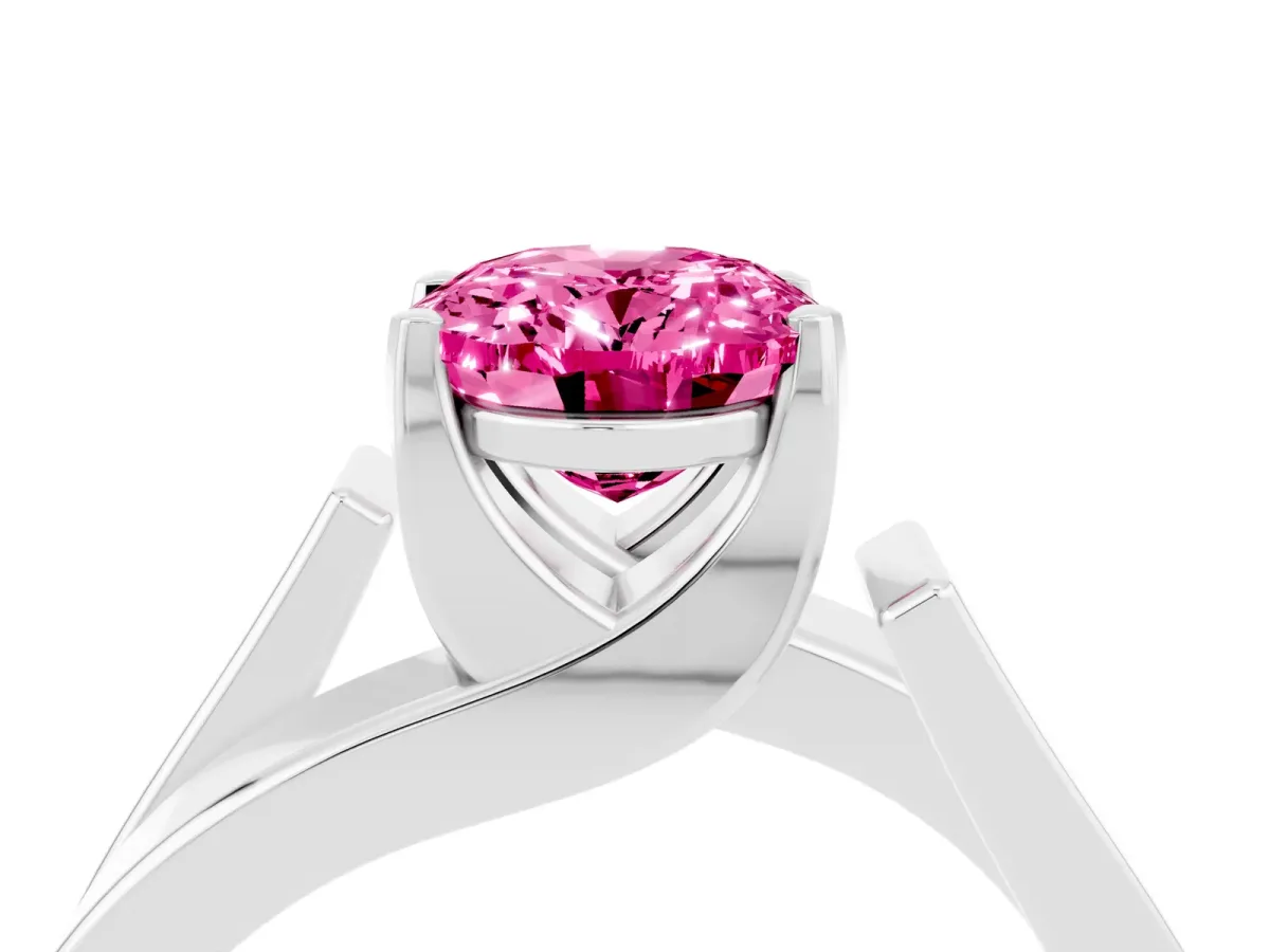 Modern Tension Set Oval Cut Pink Sapphire Solitaire Wide Band Ring Silver