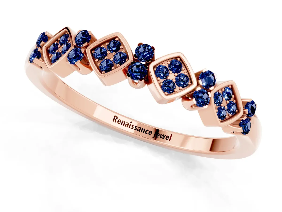 Pavé Cushion Blue Sapphire Cluster Eternity Band with Prong Setting Rose gold