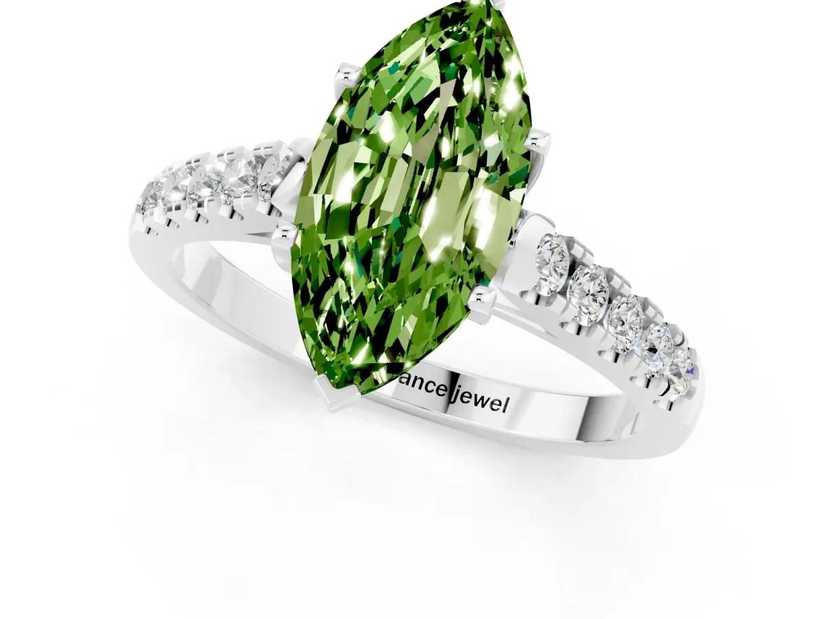 Marquise Cut Peridot Pavé Band Solitaire Ring with Prong Setting Silver