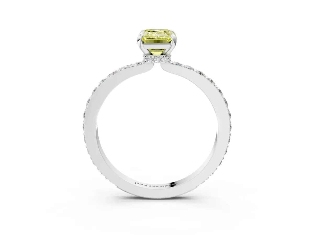 Fancy Yellow Emerald Cut Diamond Solitaire Engagement Ring with Pavé Band and Four-Prong Setting Silver
