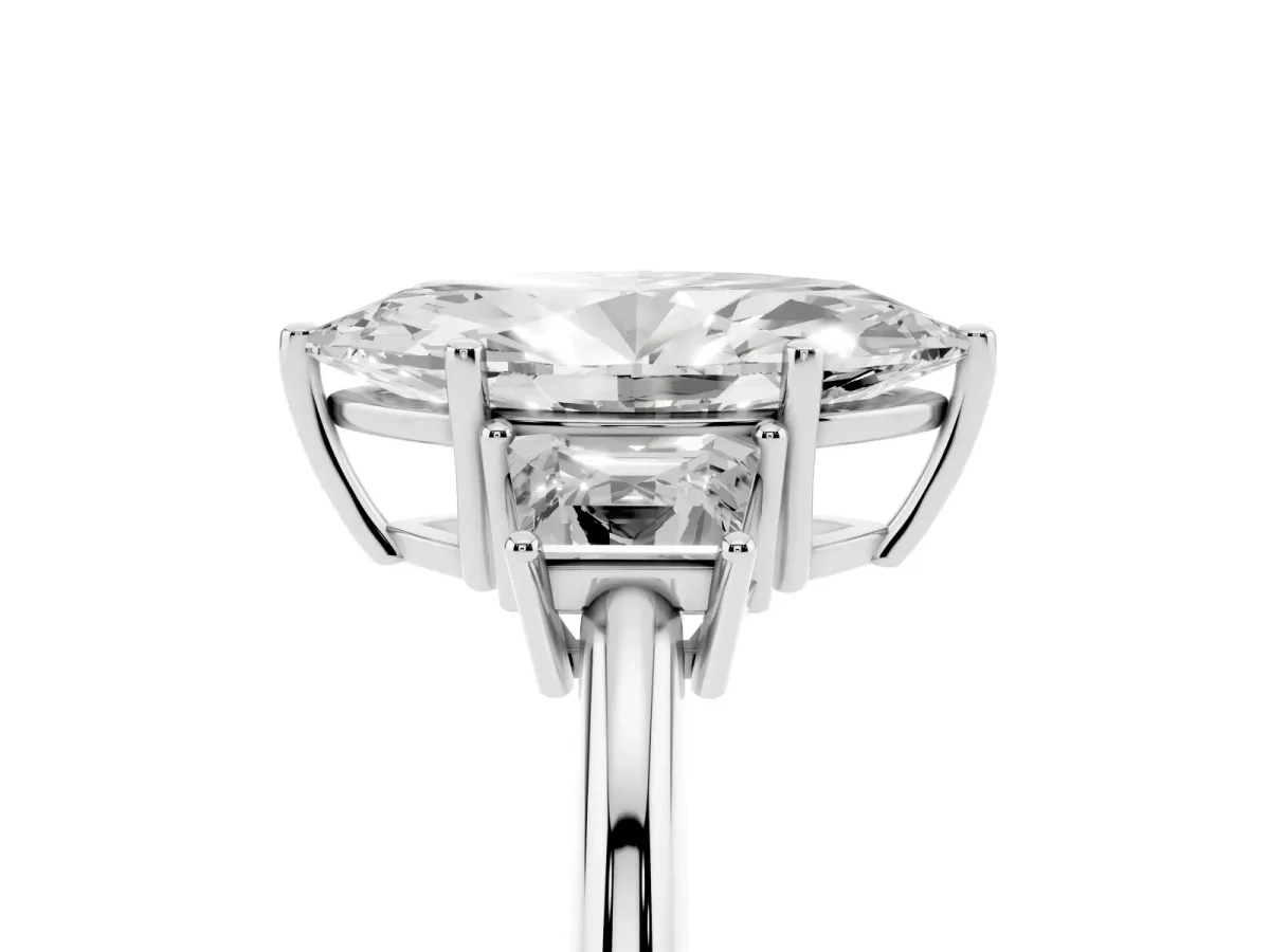 Marquise Cut Diamond Three-Stone Ring with Trapezoid Side Stones and Prong Setting Silver