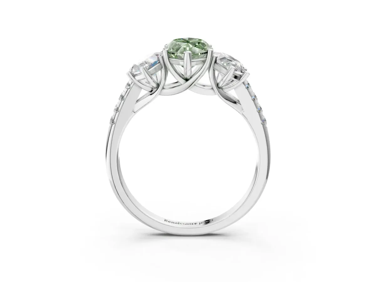 Fancy Green Three-Stone Marquise Cut Diamond Ring with Round Pavé Band and Prong Setting Silver