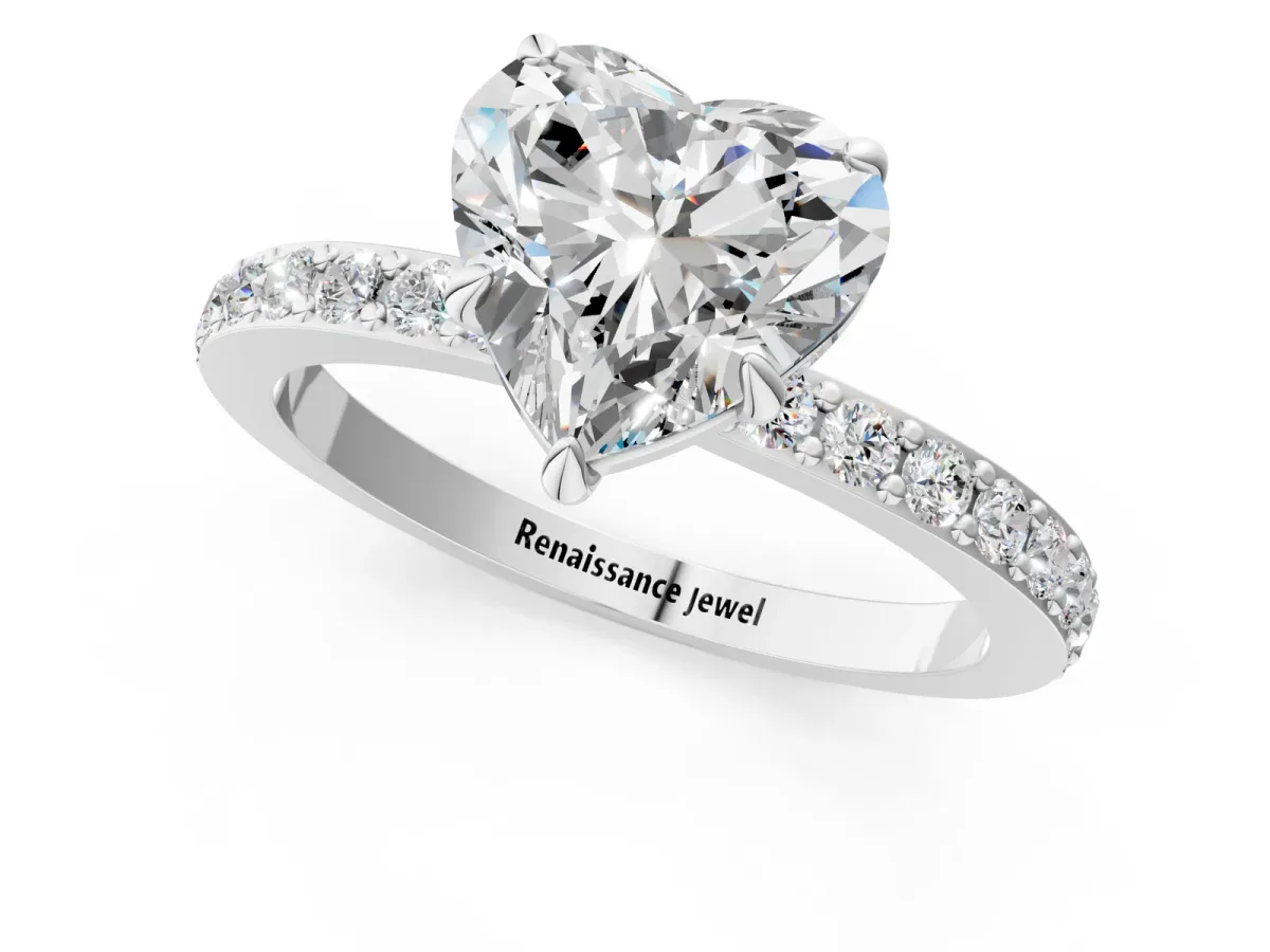 Heart Cut Diamond Solitaire Engagement Ring with Pavé Band and Four-Prong Setting Silver
