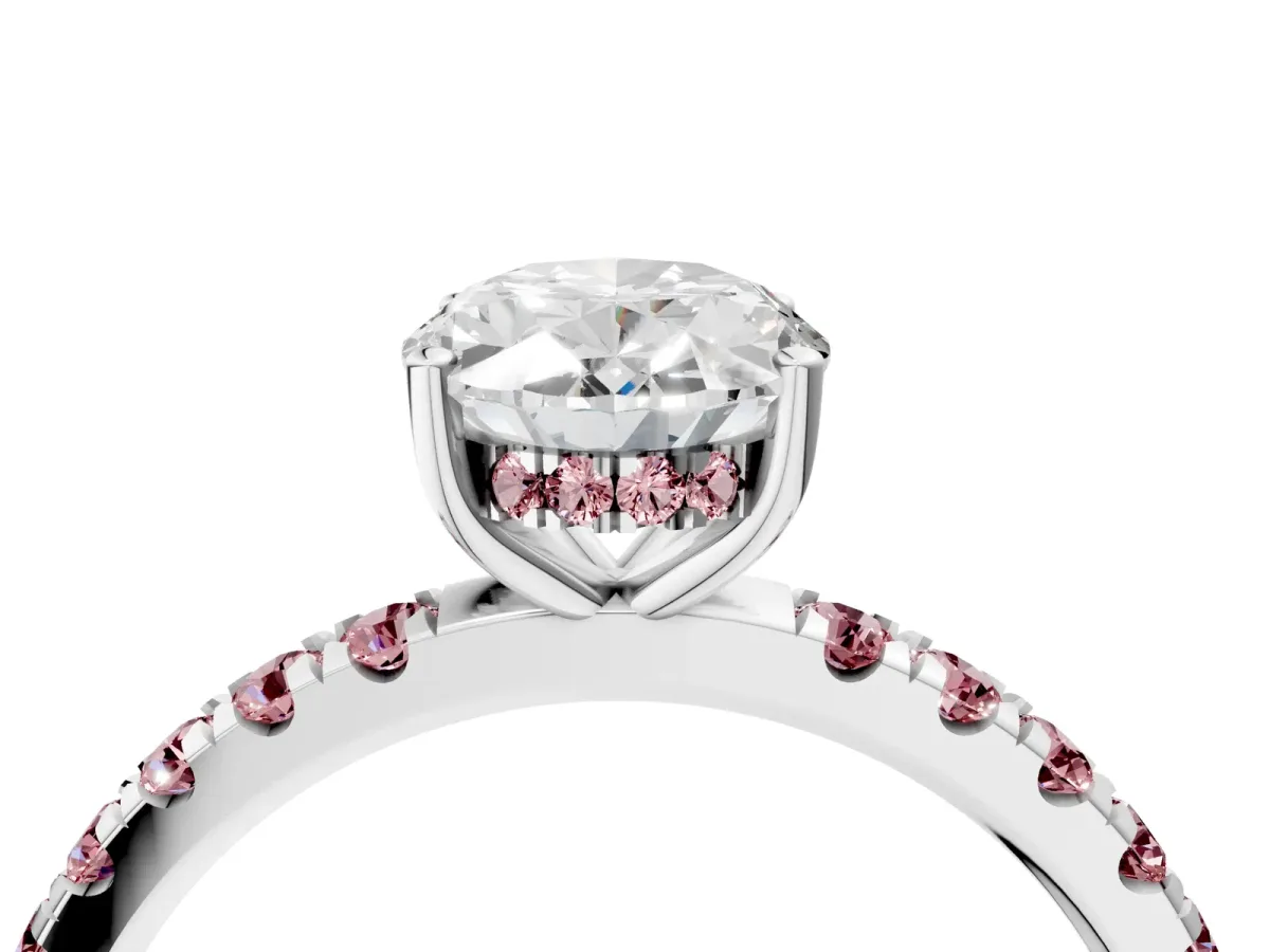 Oval Cut Diamond Pave Band Solitaire Ring with Round Morganite and Prong Setting Platinum