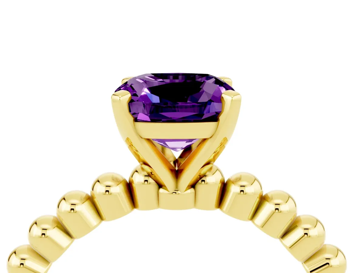 Cushion Cut Amethyst Solitaire Ring with Beaded Band and Prong Setting Yellow gold