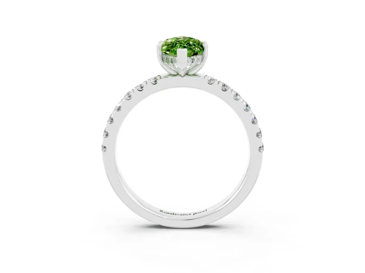 Marquise Cut Peridot Pave Band Solitaire Ring with Round and Prong Setting Platinum