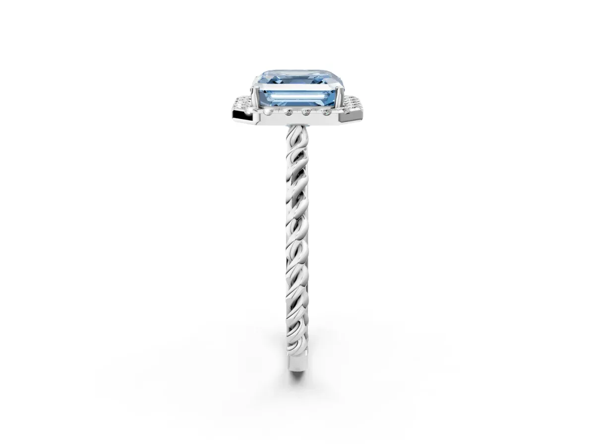 Fancy Blue Asscher Cut Halo Twisted Band Four-Prong Diamond Ring Platinum