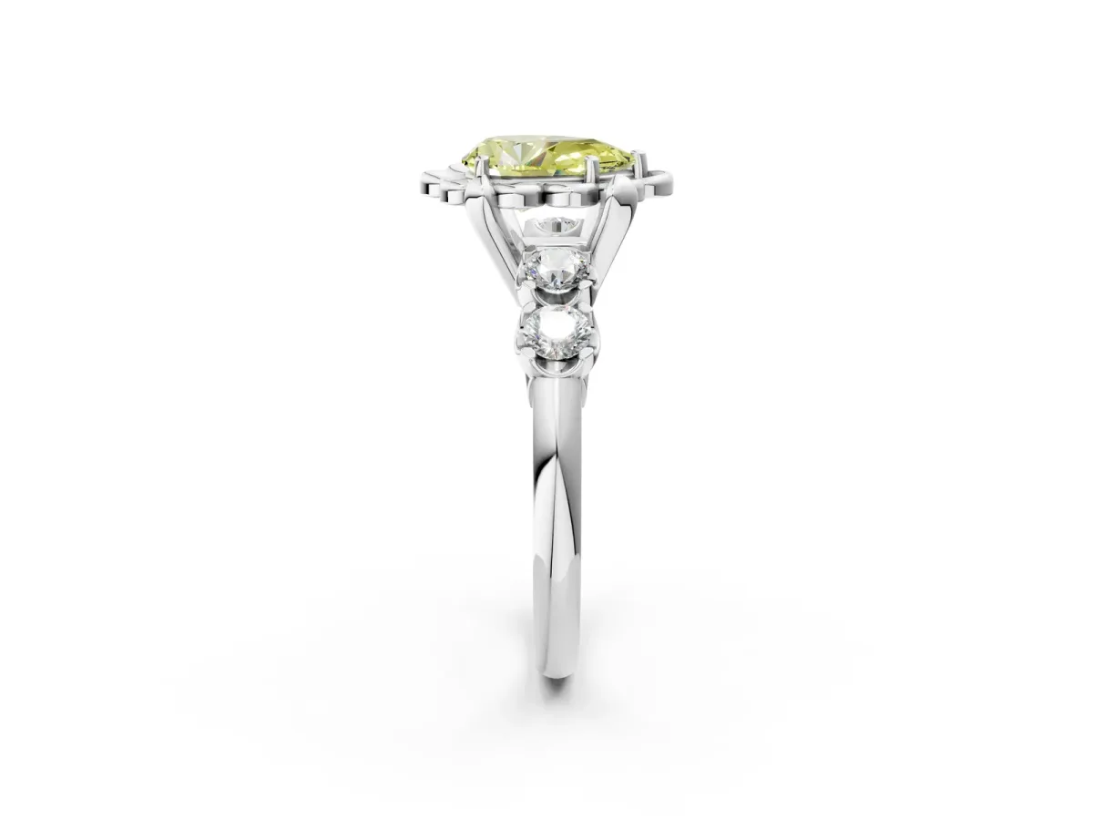 Fancy Yellow Pear Cut Cut Diamond Floral Halo Engagement Ring with Shared Prong Setting Silver