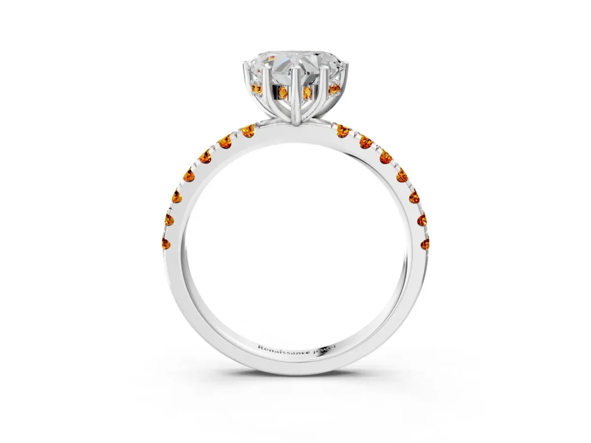 Heart Cut Diamond Pave Band Solitaire Ring with Round Citrine and Prong Setting Silver