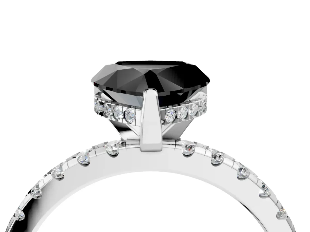 Fancy Black Heart Cut Diamond Solitaire Ring with Round Pavé Band and Four-Prong Setting Silver