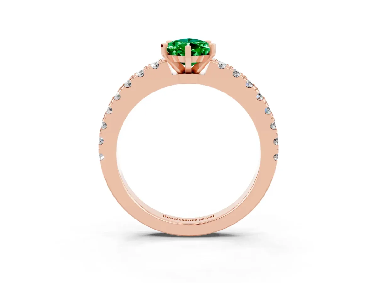 Pear Cut Solitaire Emerald with Pavé Band and Four-Prong Setting Rose gold