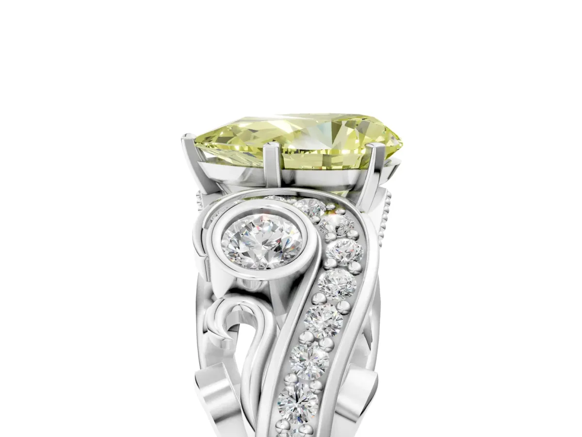 Fancy Yellow Pear Cut Diamond Solitaire Ring with Milgrain Pavé Band and Four-Prong Setting Silver