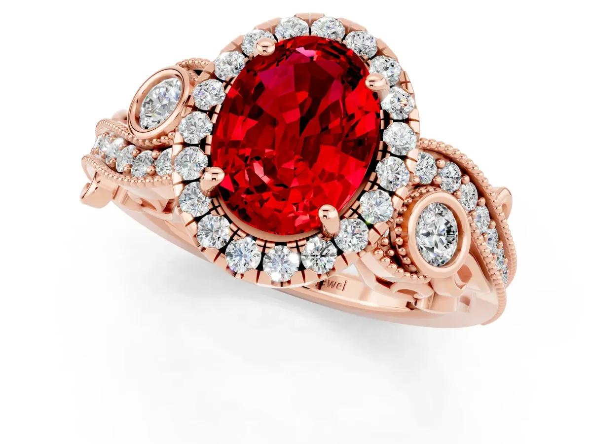 Oval Cut Ruby Halo Ring with Milgrain Pavé Band and Four-Prong Setting Rose gold