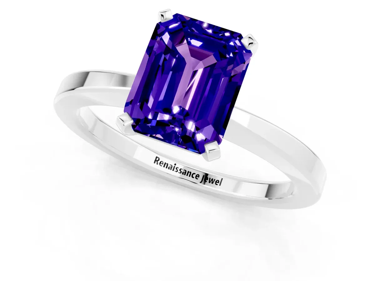 Emerald Cut Tanzanite Solitaire Engagement Ring with Classic Band and Four-Prong Setting Silver