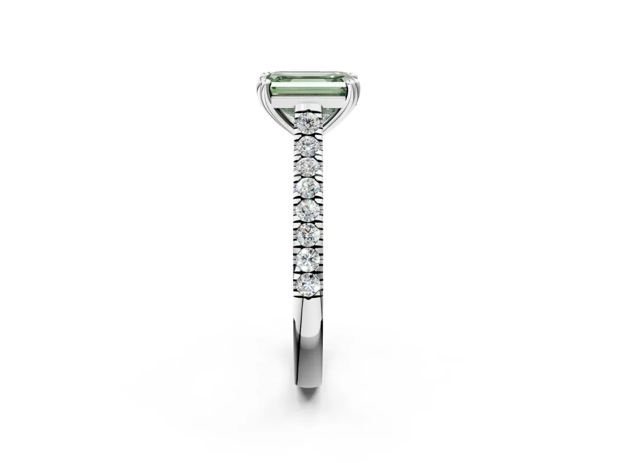 Fancy Green Emerald Cut Solitaire Pave Diamond Engagement Ring with Prong Setting White gold