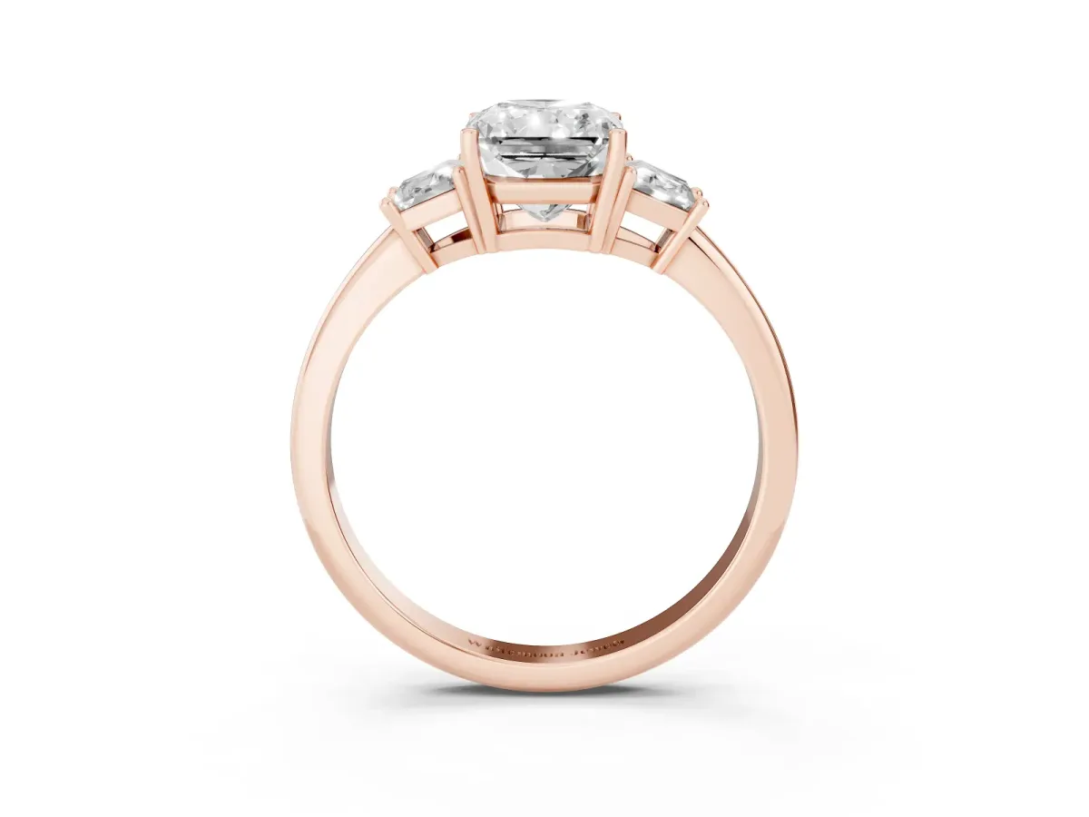 Radiant Cut Diamond Three-Stone Ring with Trapezoid Side Stones and Prong Setting Rose gold
