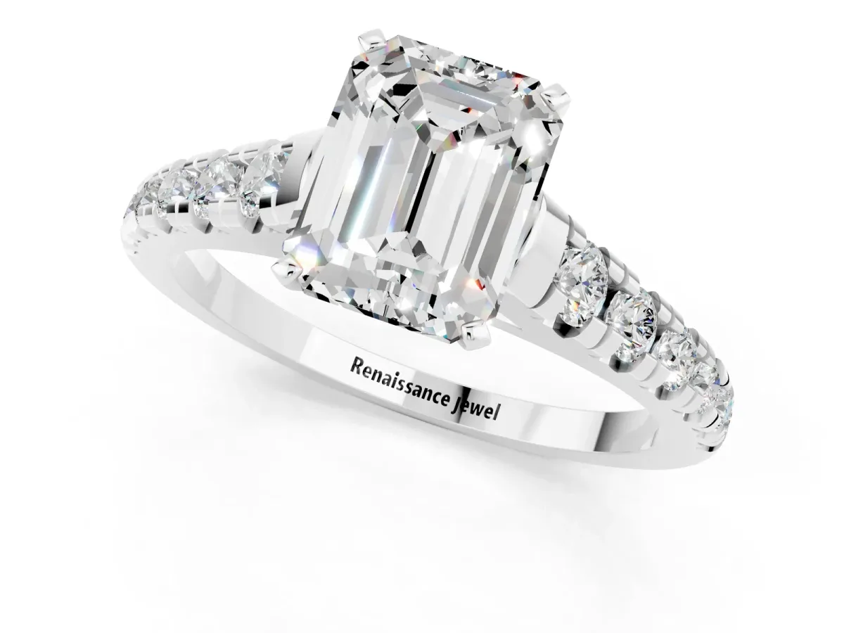 Emerald Cut Moissanite Cathedral Solitaire Ring with Round Pavé Band Platinum