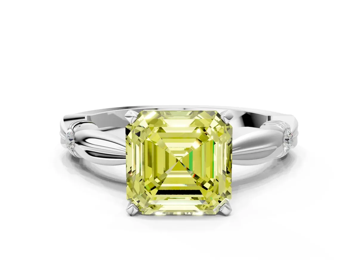 Fancy Yellow Asscher Cut Solitaire Diamond Twisted Band with Four-Prong Setting Platinum
