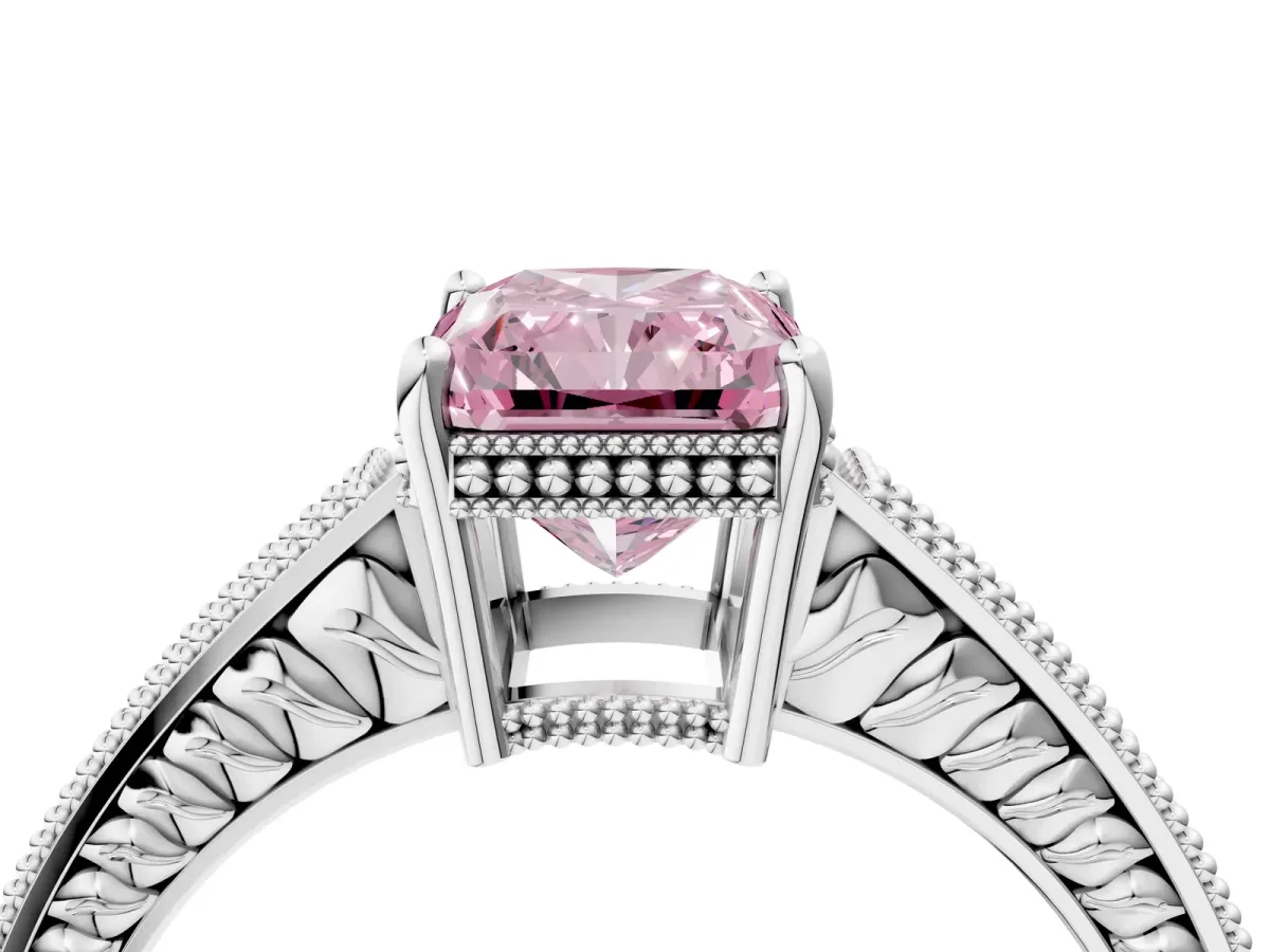 Fancy Pink Radiant Cut Cut Diamond Milgrain Pave Band Four-Prong Setting Ring Platinum
