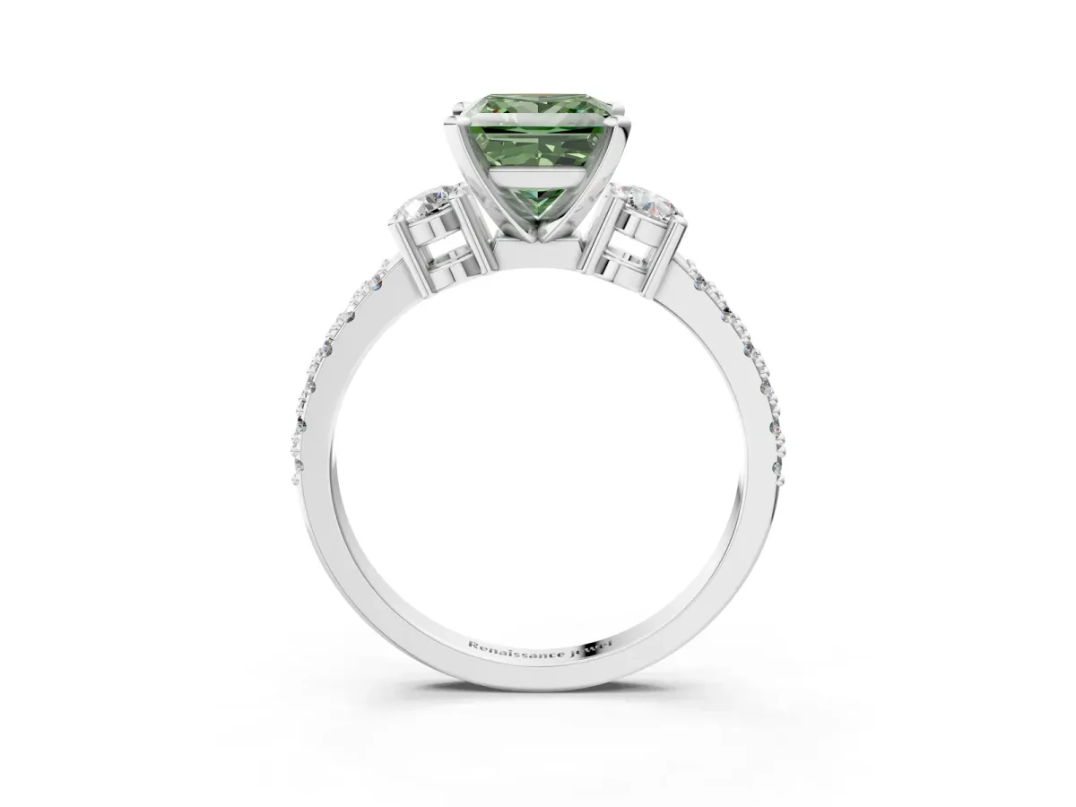 Fancy Green Princess Cut Cut Three-Stone Diamond Pavé Band with Prong Setting Platinum
