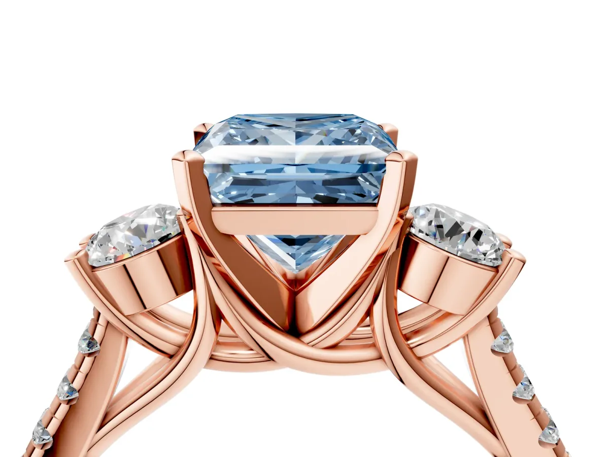 Fancy Blue Three-Stone Princess Cut Diamond Pavé Band with Four-Prong Setting Rose gold