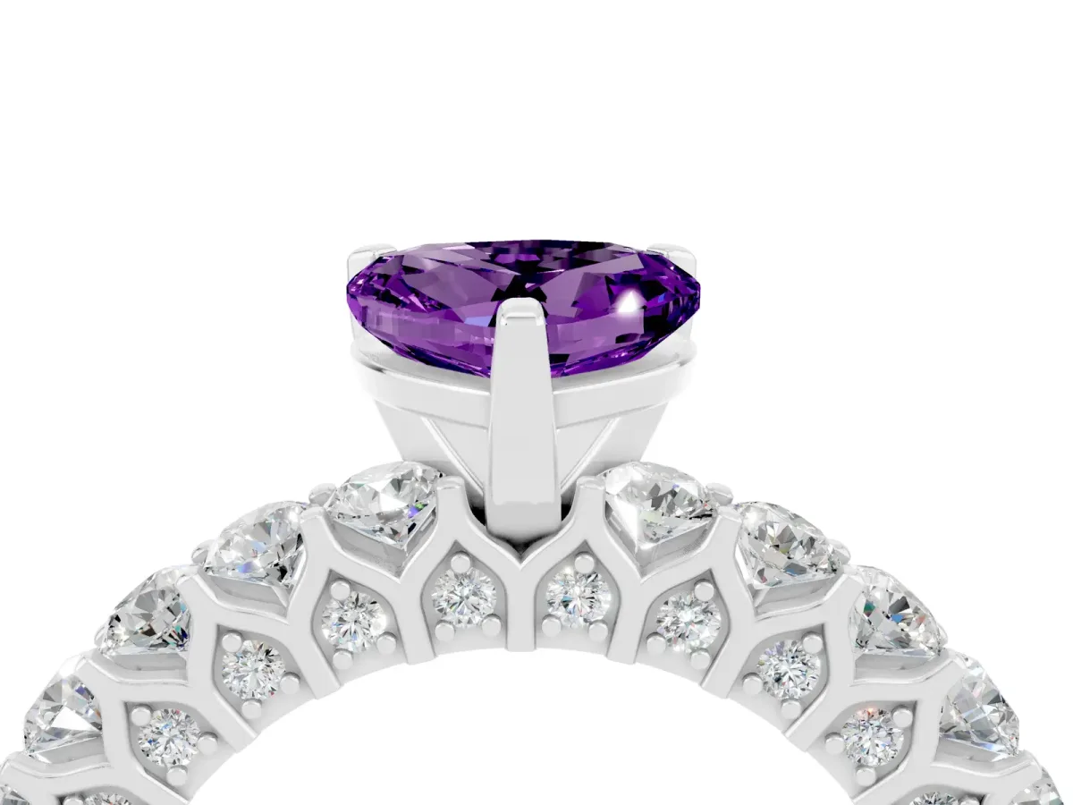 Heart Cut Amethyst Solitaire Ring with Shared Prong Pavé Band and Four-Prong Setting Silver