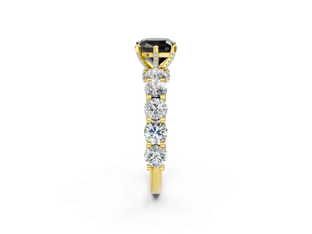 Fancy Black Cushion Cut Diamond Side Stone Engagement Ring with Four-Prong Setting Yellow gold