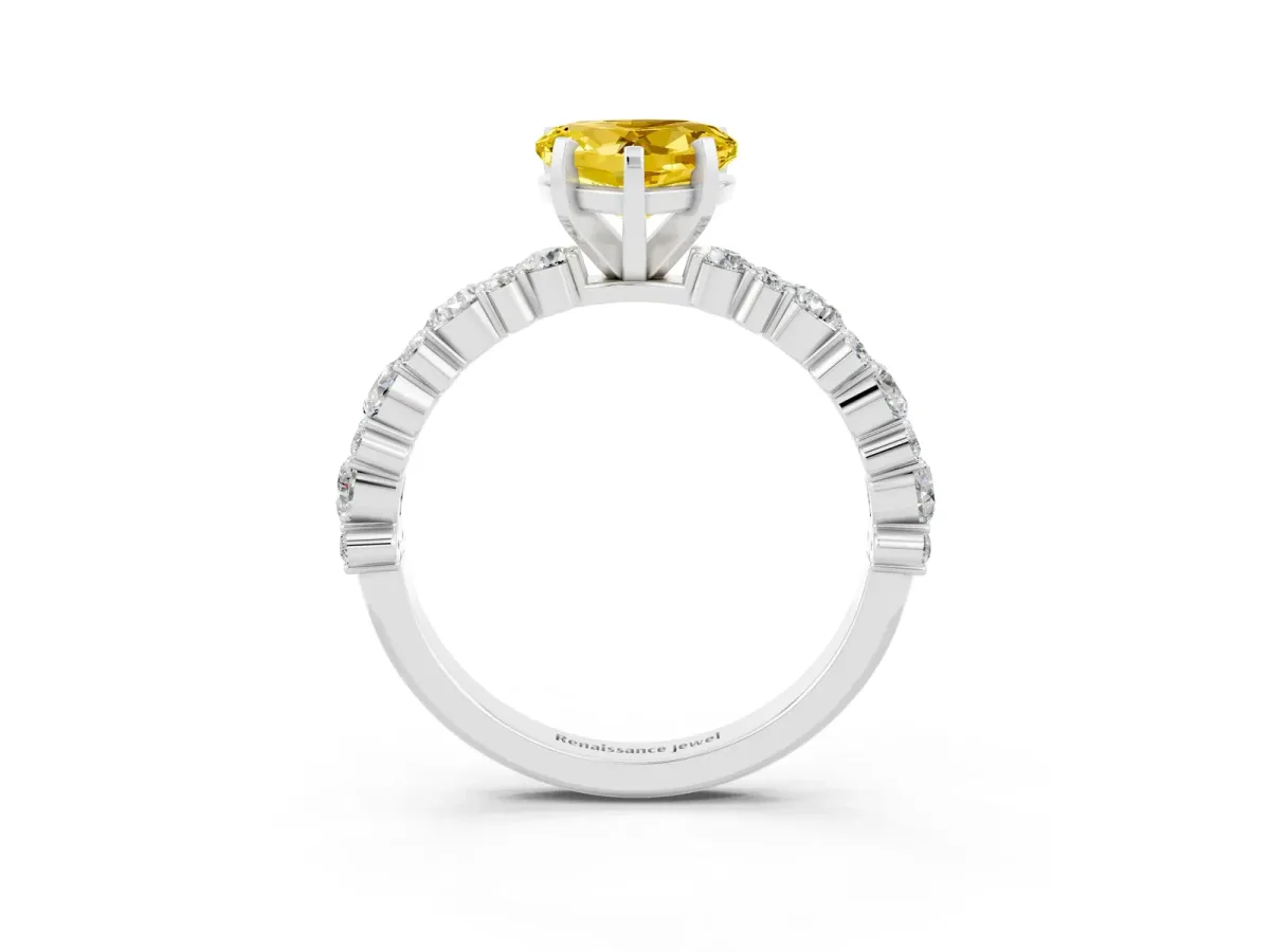 Heart Cut Yellow Sapphire Side Stone Solitaire Ring with Round and Four-Prong Setting Silver