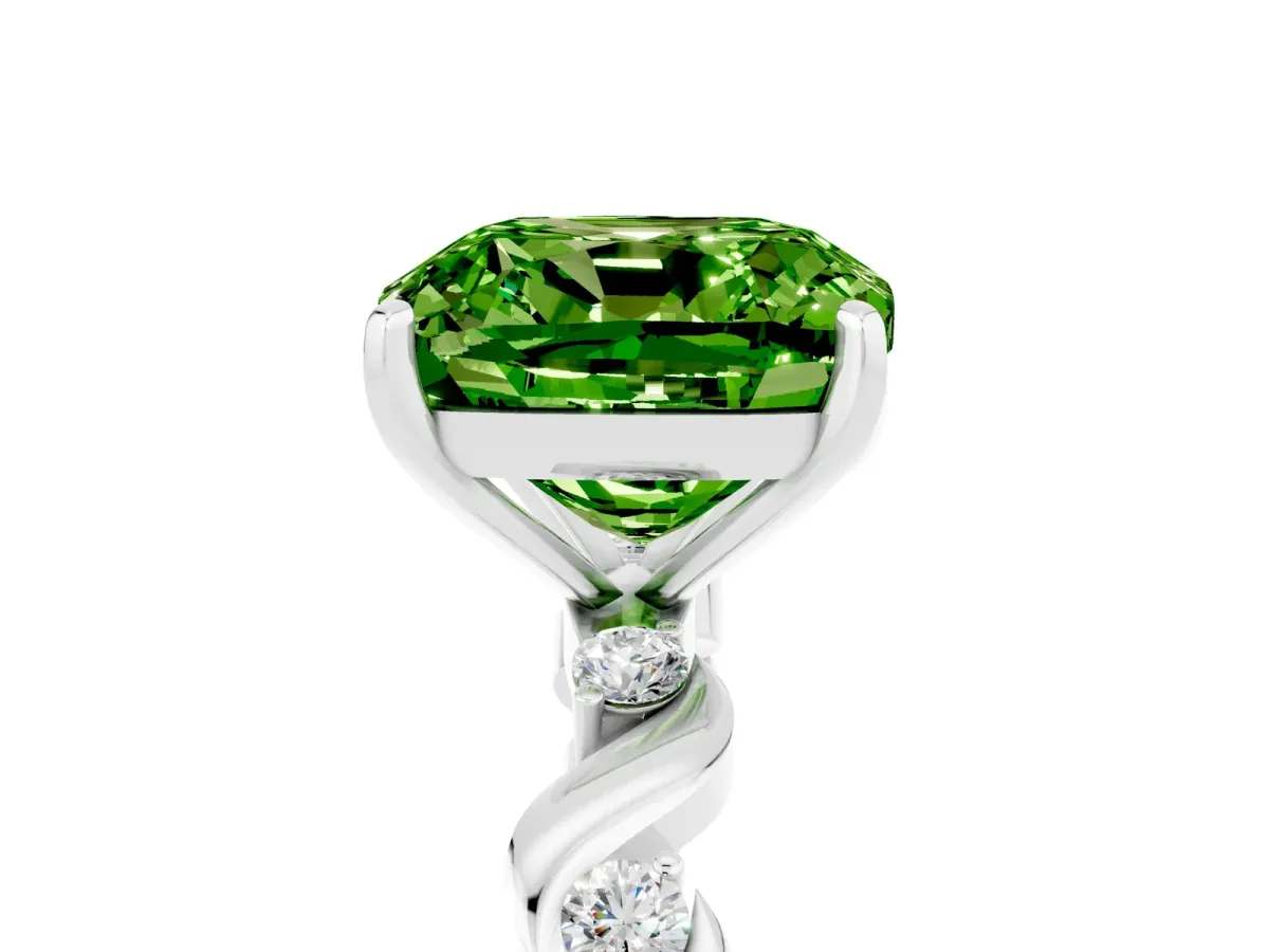 Cushion Cut Peridot Solitaire Twisted Band with Round Accents and Prong Setting Silver