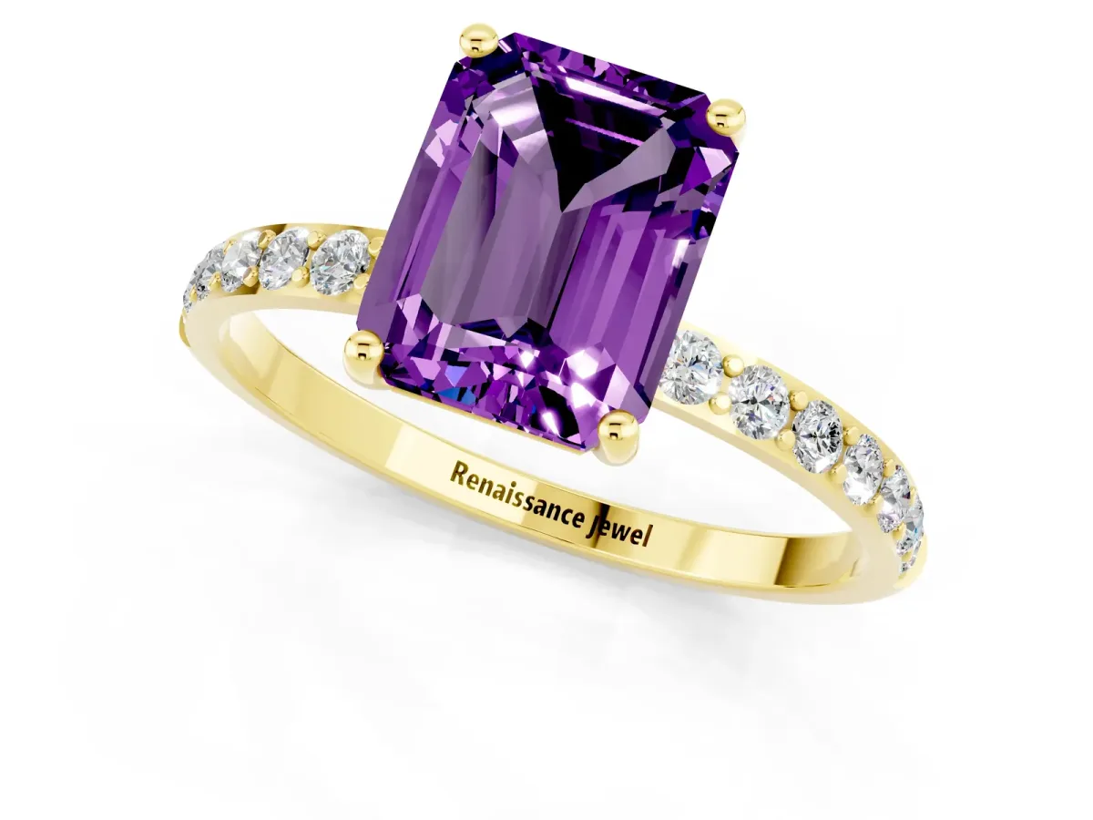 Emerald Cut Amethyst Solitaire Ring with Round Pavé Band and Prong Setting Yellow gold