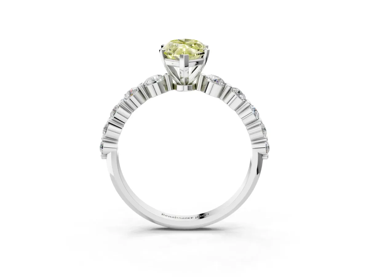 Fancy Yellow Marquise Cut Solitaire Diamond Ring with Pave Band and Four-Prong Setting Silver