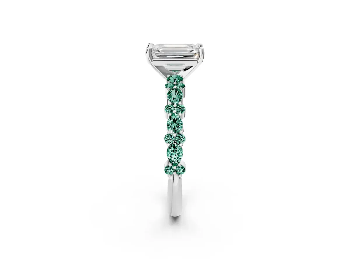Emerald Cut Diamond Side Stone Solitaire Ring with Round Green Sapphire and Four-Prong Setting Platinum