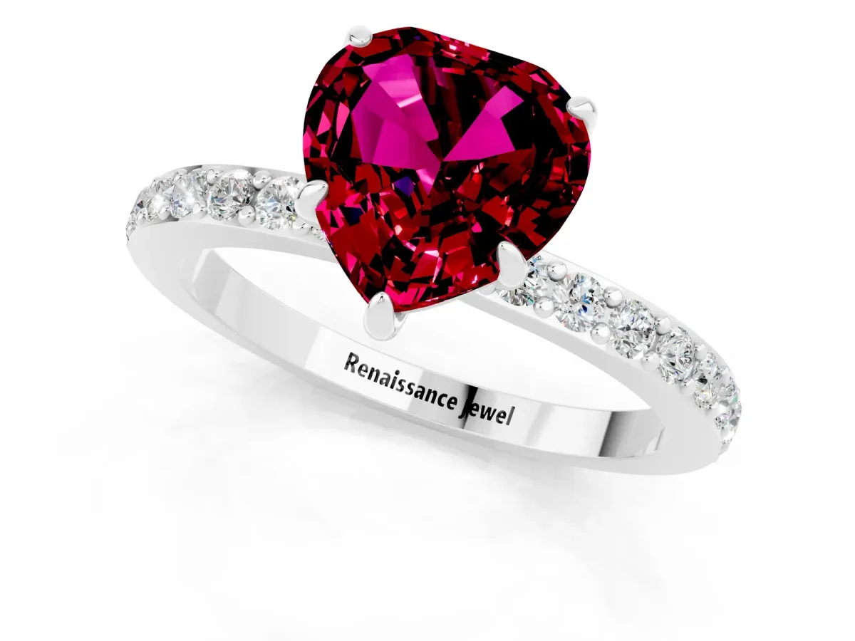 Heart Cut Garnet Solitaire Engagement Ring with Pavé Band and Four-Prong Setting Silver