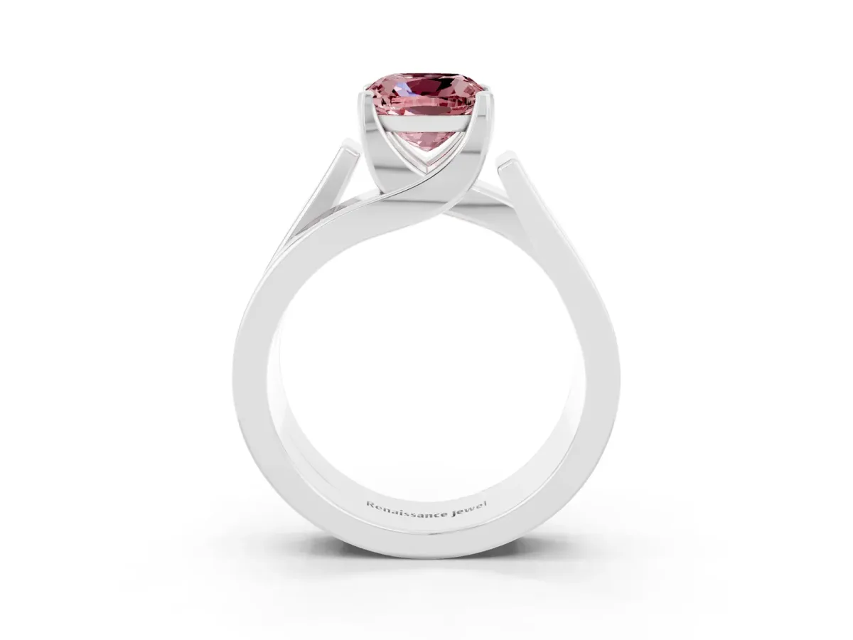 Modern Tension Set Cushion Cut Morganite Solitaire Wide Band Ring Silver