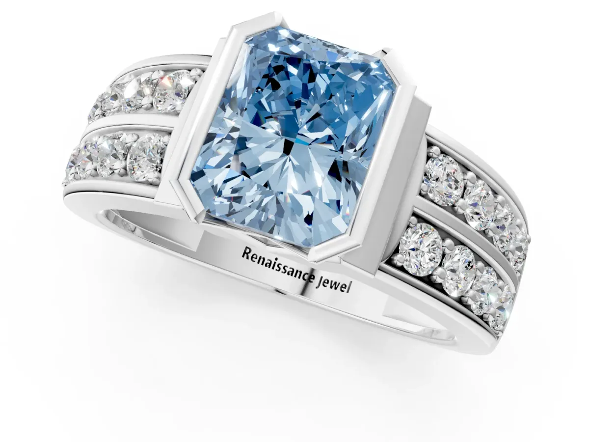 Fancy Blue Radiant Cut Brilliant Diamond Channel Set Wide Band Ring with Bezel Setting Platinum