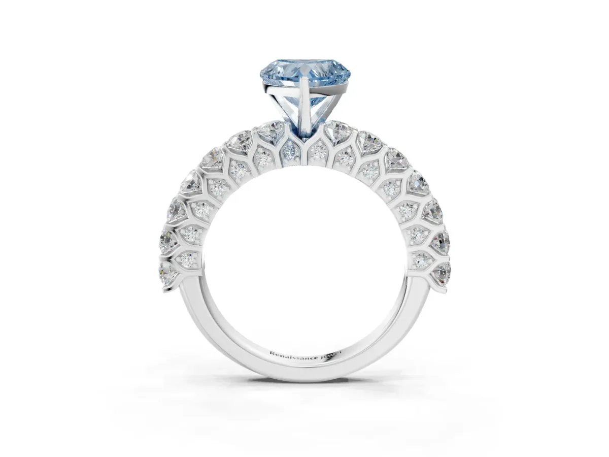 Fancy Blue Heart Cut Diamond Solitaire Ring with Shared Prong Pavé Band and Four-Prong Setting Platinum