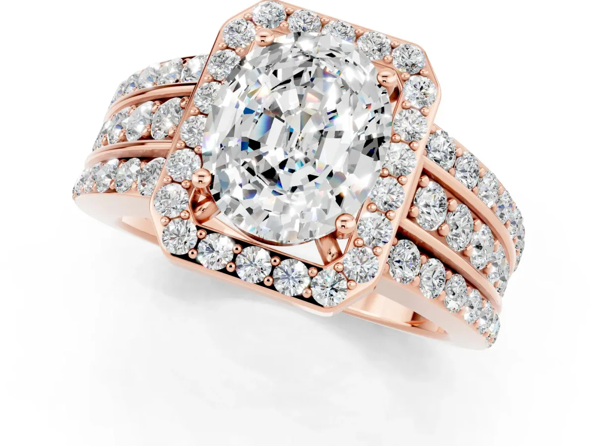 Oval Cut Halo Moissanite Ring with Round Split Shank and Prong Setting Rose gold