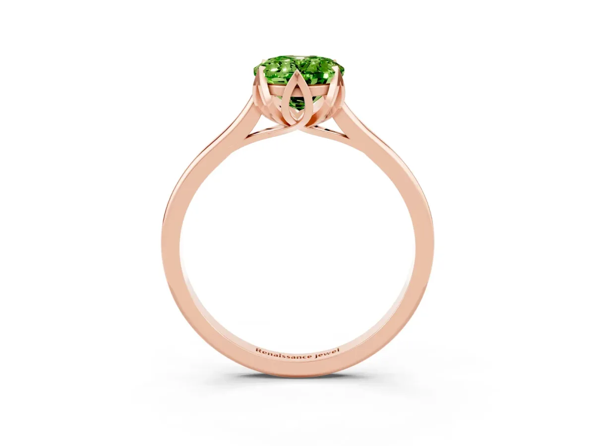 Oval Cut Peridot Solitaire Ring with Flower Prong Setting and Classic Band Rose gold