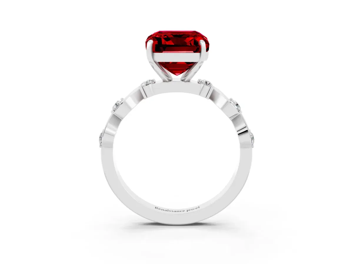 Emerald Cut Ruby Solitaire Twisted Band with Round Accents and Prong Setting White gold