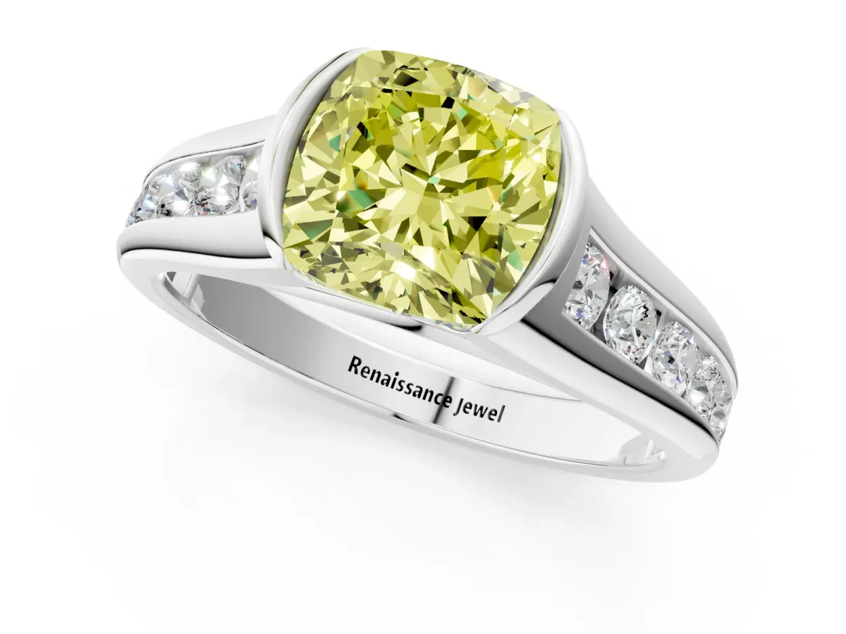 Fancy Yellow Cushion Cut Solitaire Bezel-Set Diamond Ring with Channel-Set Band Platinum