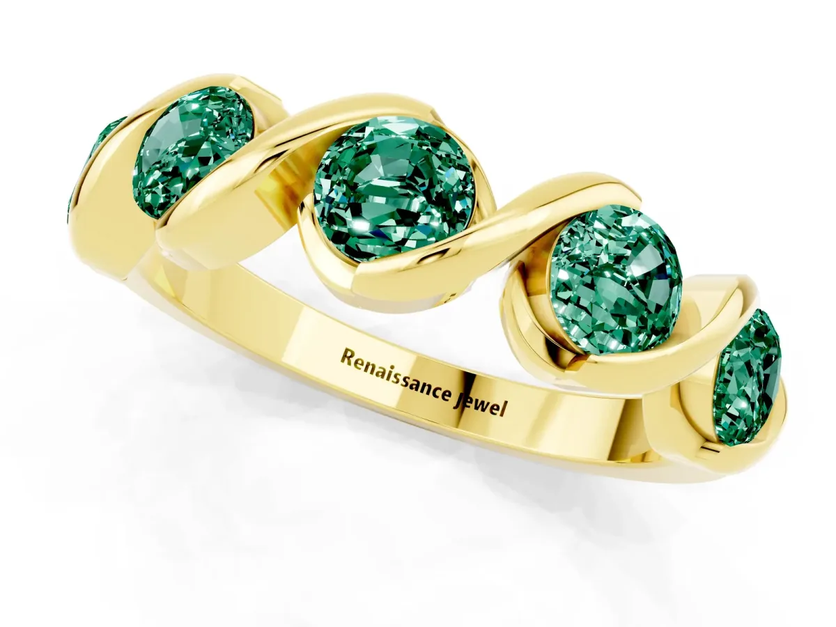 Round Green Sapphire Wave Band with Channel Setting and Shared Prongs Yellow gold