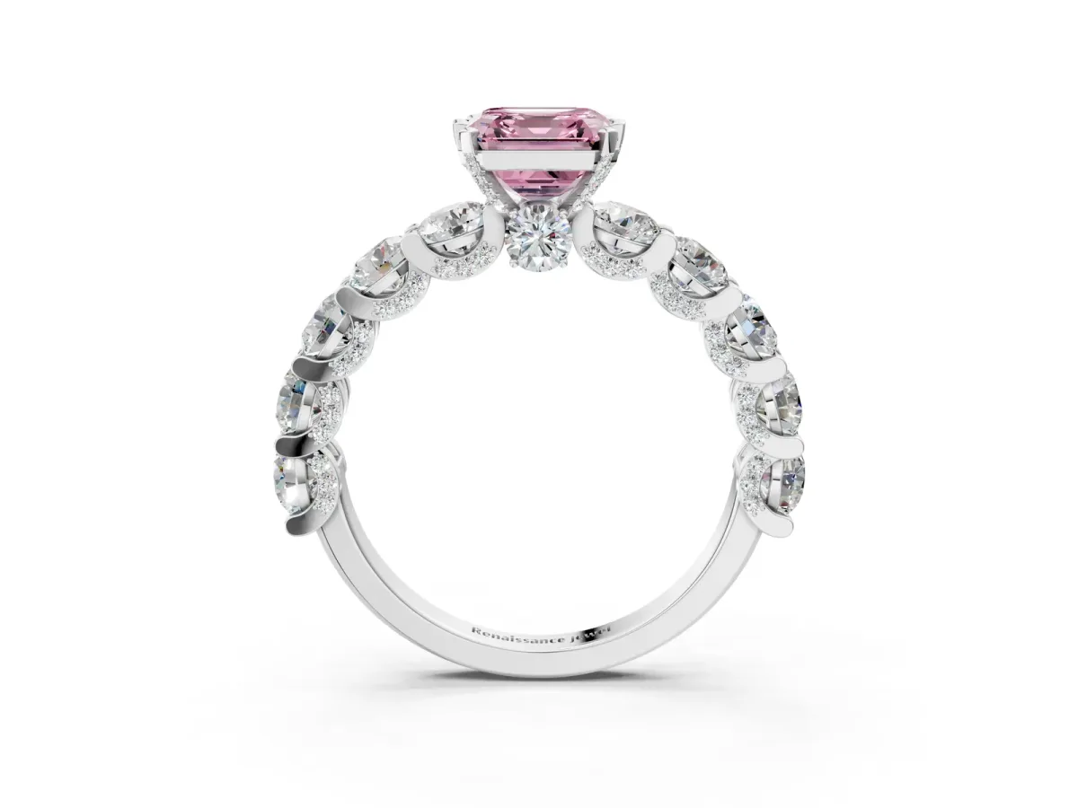 Fancy Pink Asscher Cut Diamond Side Stone Engagement Ring with Four-Prong Setting Silver