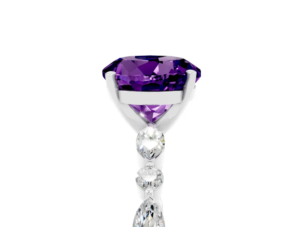Round Cut Amethyst Ring with Marquise and Round Side Stones and Four-Prong Setting Silver