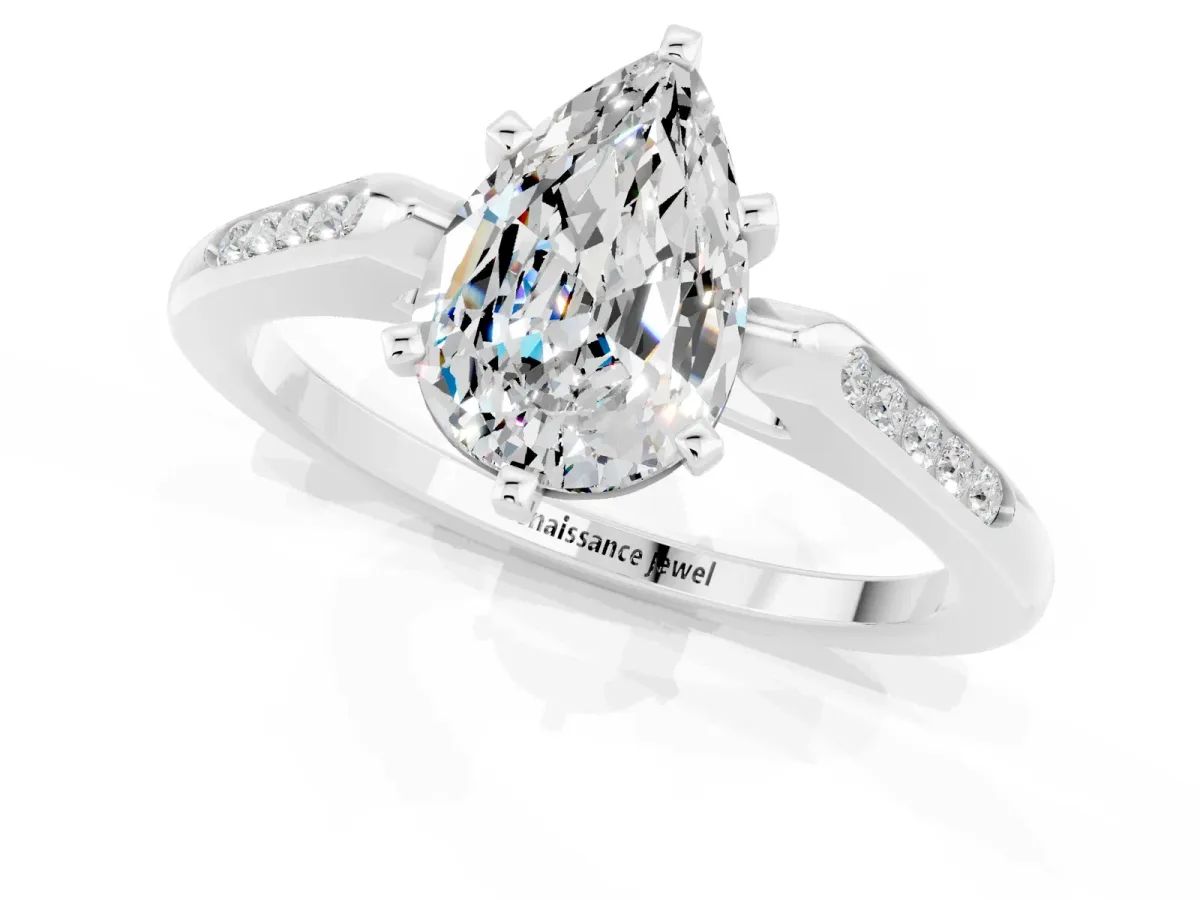 Pear Cut Moissanite Solitaire Ring with Channel Set Round Band and Prong Setting Silver