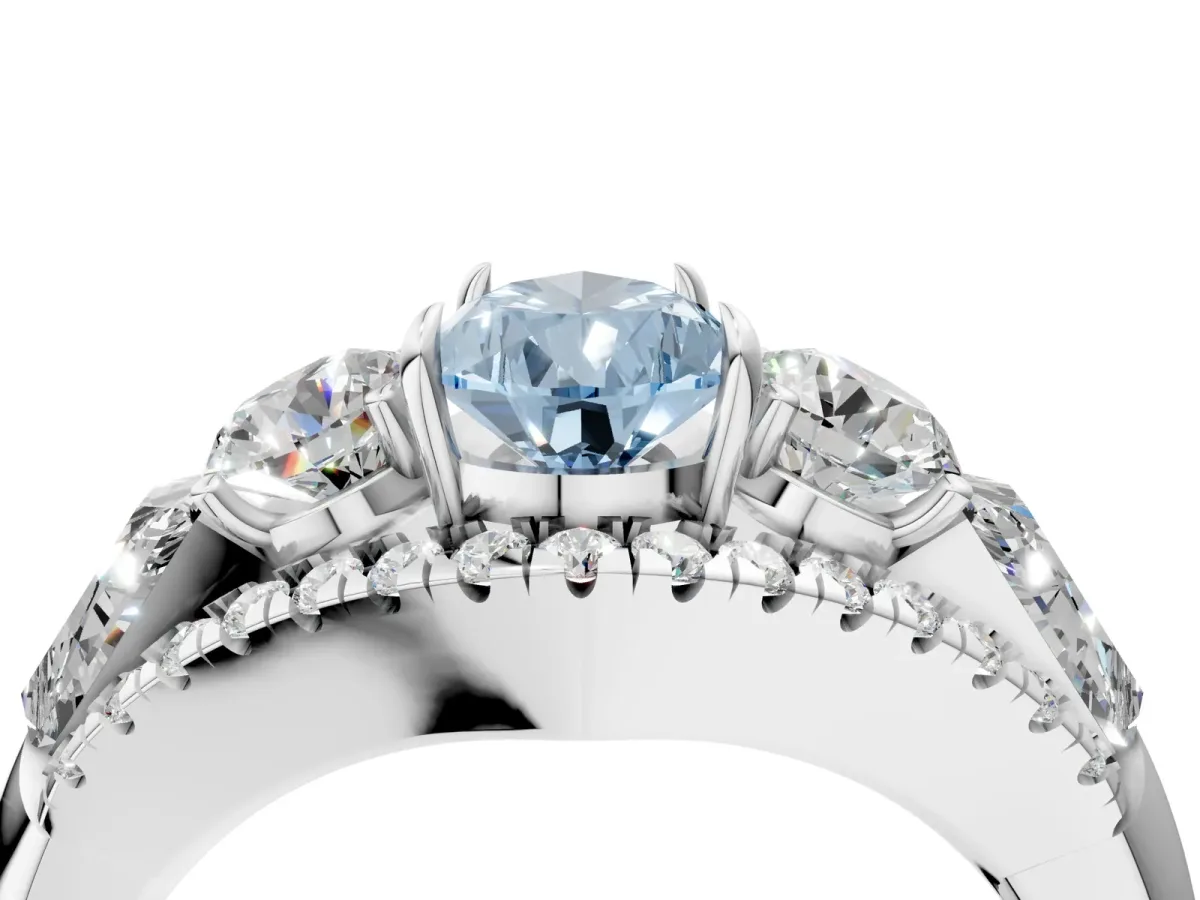 Fancy Blue Three-Stone Pear Cut Diamond Engagement Ring with Pave Band and Prong Setting Platinum