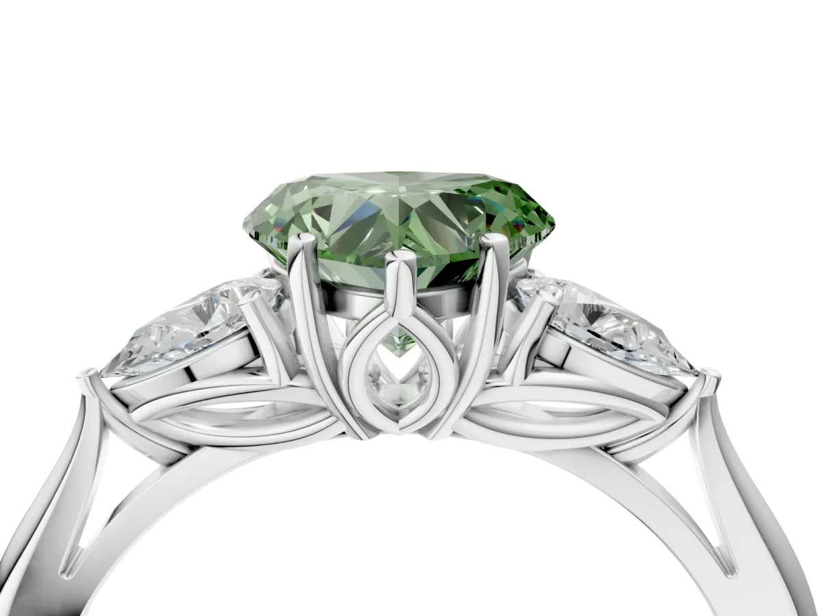 Fancy Green Three-Stone Heart Cut Diamond Ring with Pear Side Stones in Four-Prong Setting Platinum